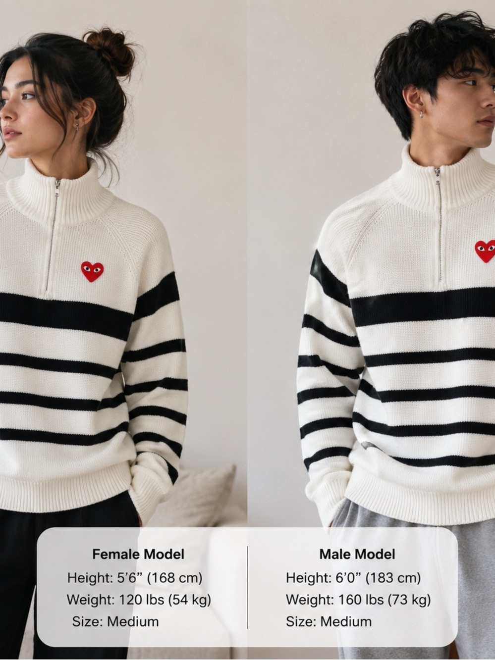 Cream and Black Striped Half-Zip Sweater with Red Heart Patch medium size - Picture 6 of 6